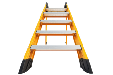 A sturdy yellow ladder, promising safe ascent and reaching new heights, with clean metal steps and bold black footings against a bright white background.