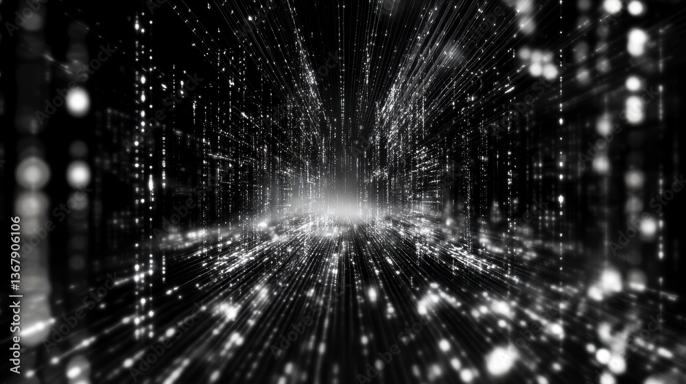 Poster Abstract grayscale digital tunnel with light streaks and particles.