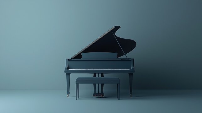 Modern grand piano in muted teal room
