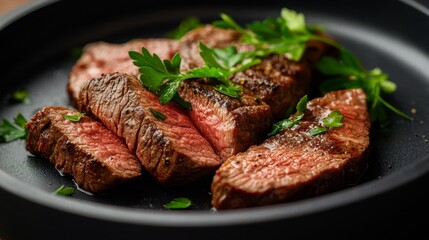 Fresh parsley accompanies the succulent flavors of a grilled beef tenderloin