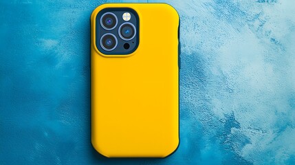 Bright yellow smartphone case viewed from the top-down with ample copy space and soft natural lighting for focus