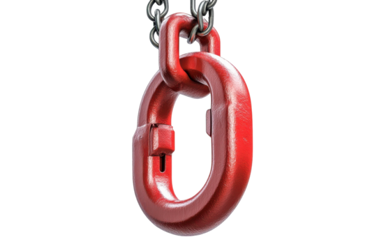 A vibrant red master link hangs suspended, a symbol of strength and connection against a clean white backdrop.