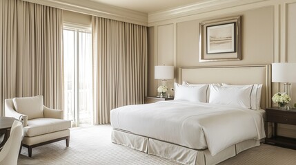 Fototapeta premium A luxurious bedroom with inviting furniture and natural sunlight