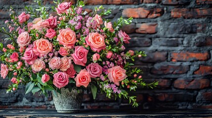 Fototapeta premium Elegant vase filled with colorful spring flowers on a table surface ideal for e-commerce and home decor