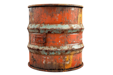 A weathered rusty barrel, a silent testament to time's relentless passage, its orange and teal hues layered with the patina of forgotten stories against a stark white background.