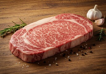 上質な霜降り牛肉 木目背景で美味しそうに配置