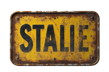 A weathered, rusty metal sign boldly proclaiming "STALIE" in stark black lettering against a faded yellow background, conveying a sense of age, history, and perhaps forgotten stories.