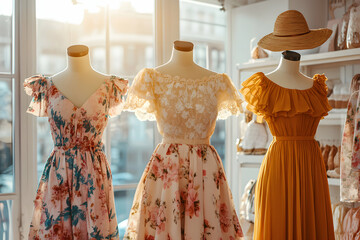 Obraz premium Three Elegant Dresses in Floral Patterns Displayed in a Sunlit Boutique