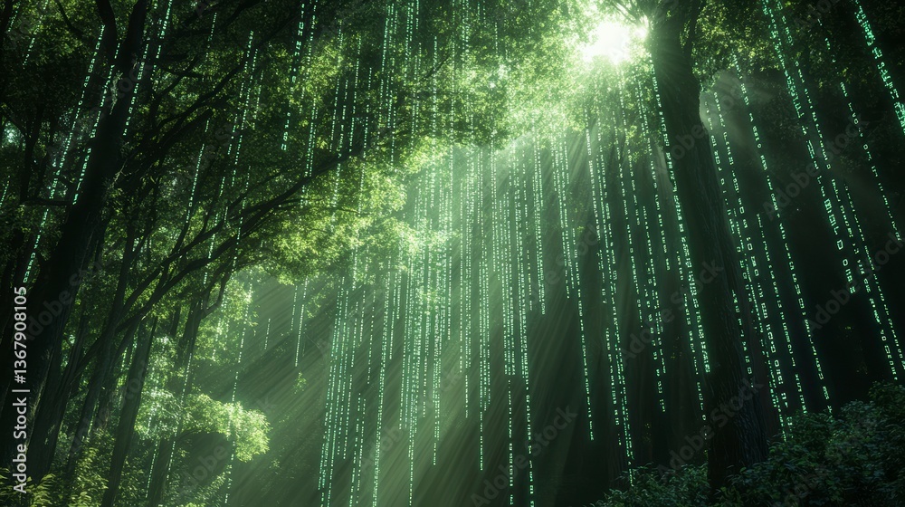 Poster sunbeams illuminate a lush forest, with green digital code cascading from above.