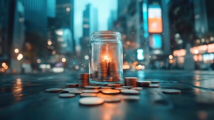 Coins in a jar, city lights