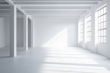 Fototapeta premium Bright, spacious room with white walls and large windows for creative projects.