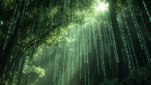 Sunbeams illuminate a lush forest, with green digital code cascading from above.