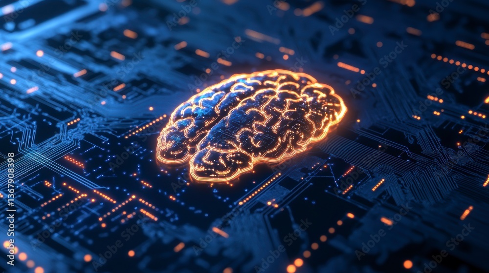 Poster Illuminated brain on a circuit board, representing AI and technology.