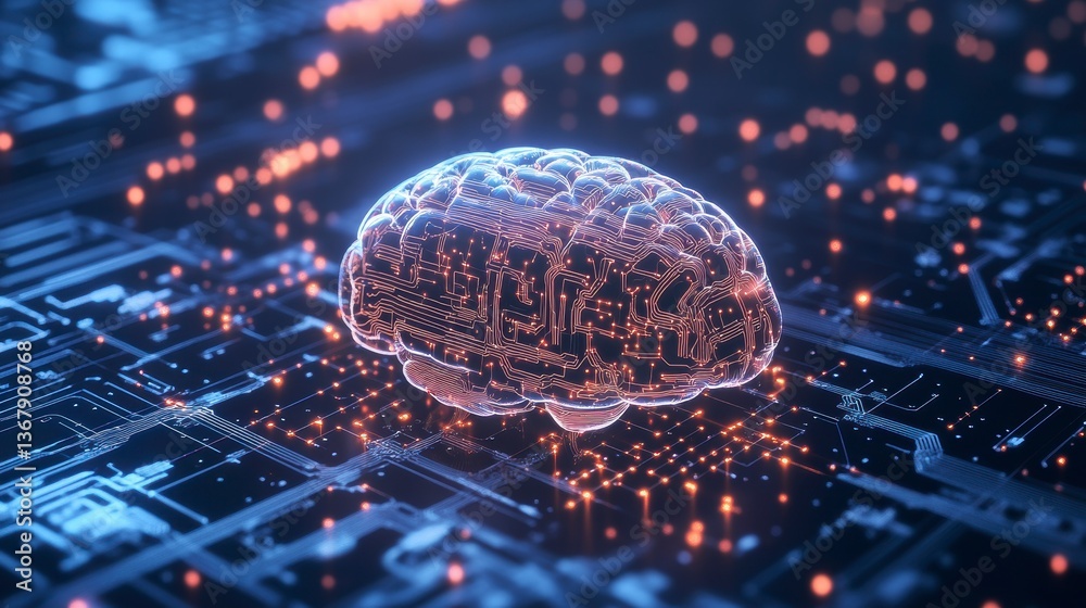 Aufkleber A transparent brain model rests on a circuit board, representing artificial intelligence and neural networks.