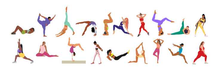 Diverse group of women are doing various exercises, including yoga and stretching. Concept of health and fitness. Flat colorful vector illustration isolated 