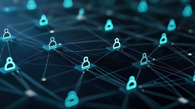 Digital network with user icons connected by lines, representing online communication and social connectivity.