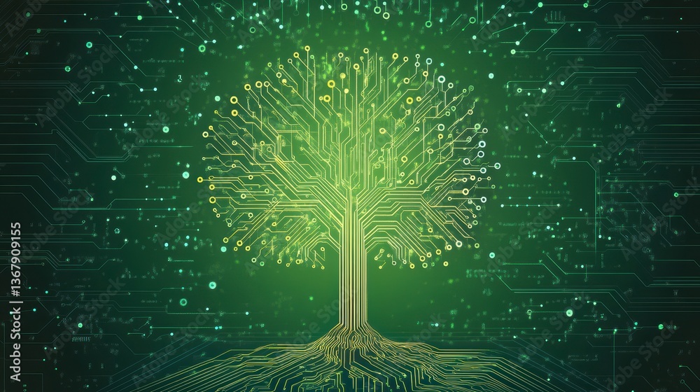 Poster glowing circuit tree digital illustration.