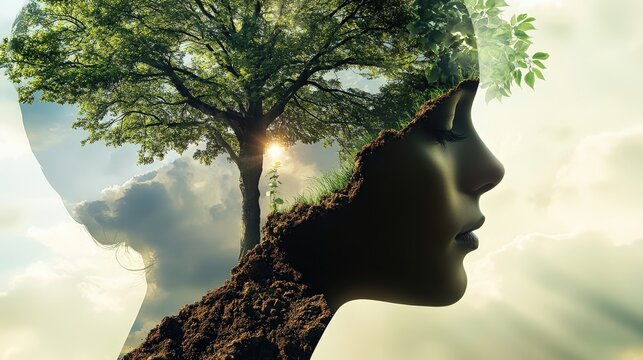 A surreal image of a profile with a thriving tree inside, symbolizing growth, inner peace, and the deep connection between humanity and nature.