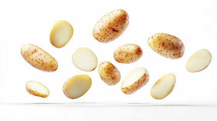 Obraz premium A dynamic and fresh composition of flying potatoes against a clean white background, showcasing the earthy textures and colors, creating a sense of movement and playfulness.