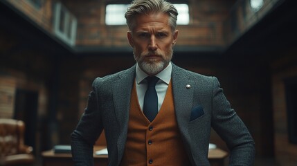 Fototapeta premium Man in grey suit with tan vest and dark tie