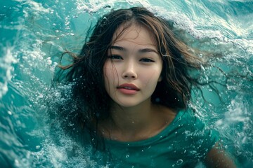 Bright Ñommercial style. Happy stress-free break getaway creative. Attractive and hot happy asian young woman in green tight t-shirt enjoying turquoise sea, splashes around her.