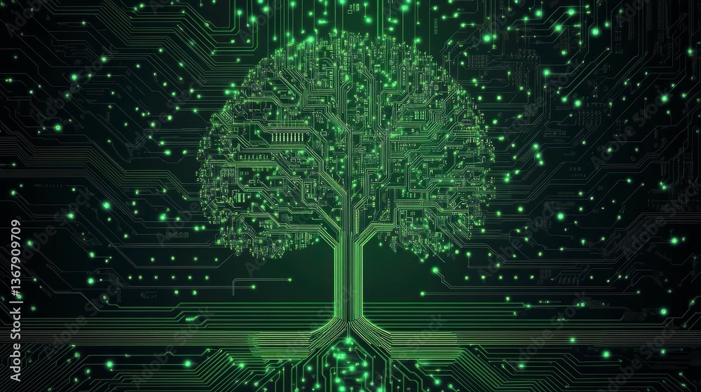 Poster glowing green tree circuit board digital technology.