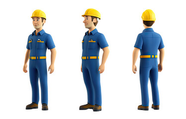 A cartoon character of an engineer wearing blue overalls and a yellow helmet, standing in three different poses, against a white background, png
