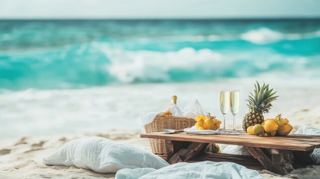 Tropical Beach Picnic Scene with Fruits and Champagne by the Ocean