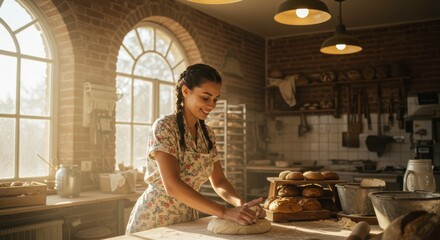 Young Woman Baker Kneading Dough in Rustic Bakery