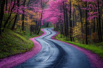 A road through a colorful forest in early spring, with new leaves and blossoms creating a vibrant and fresh atmosphere