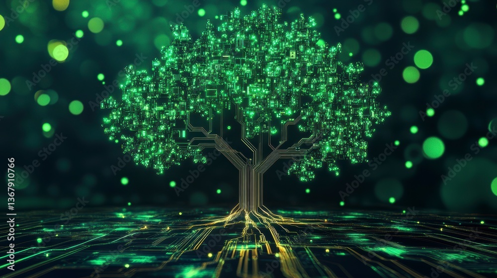 Poster Glowing digital tree with circuit roots on dark background.