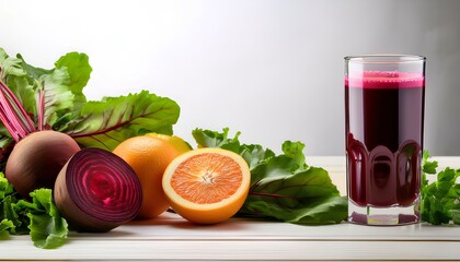 Fototapeta premium glass of beet juice and fruits on the wooden table with copy space. healthy lifestyle.