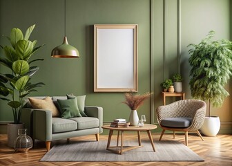 Olive Green Modern Living Room with Vertical Poster Mockup - Scandinavian Interior Design