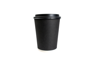 A black coffee cup with a subtle gloss near the lid, finished with a white base ring. Simple, functional, ideal for casual coffee runs, isolated on a transparent background