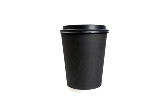 A black coffee cup with a subtle gloss near the lid, finished with a white base ring. Simple, functional, ideal for casual coffee runs, isolated on a transparent background