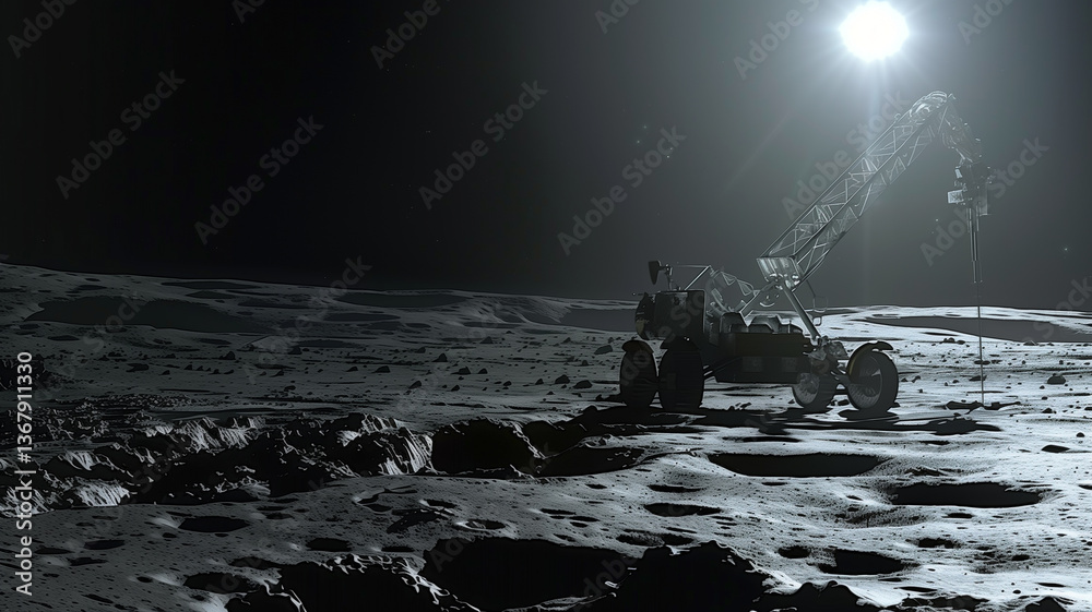 Poster this excavation vehicle works on asteroid surface to extract regolith under bright artificial light.