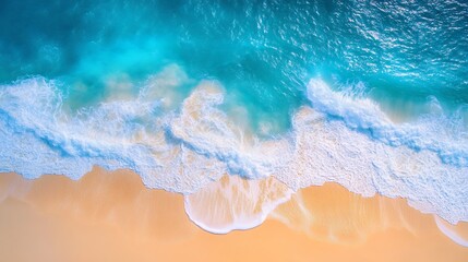 Fototapeta premium Aerial View of Ocean Waves Crashing on Sandy Beach Turquoise Water