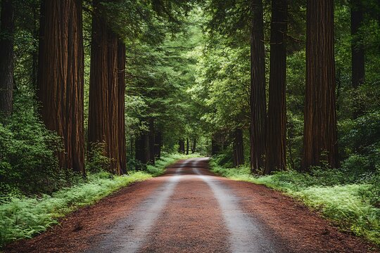A road through a dense grove of towering redwoods, with the ancient trees creating a shaded, peaceful tunnel under a dappled sky
