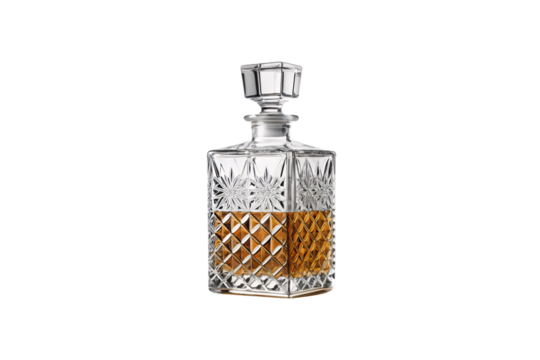 A classic glass decanter with diamond and starburst patterns, half-filled with amber liquid. The heavy stopper adds a touch of grandeur and timeless class, isolated on a transparent background