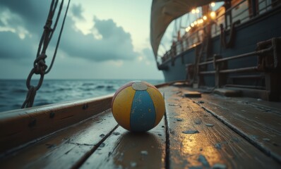 Colorful beach ball on ship deck