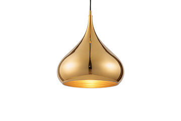 A golden teardrop-shaped pendant light with a sleek, reflective surface. Emits a warm glow from below, ideal for modern or luxurious interiors, isolated on a transparent background