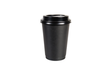 A matte black disposable coffee cup with a matching black lid. Sleek, modern design perfect for on-the-go drinks. Minimalist and professional appearance, isolated on a transparent background