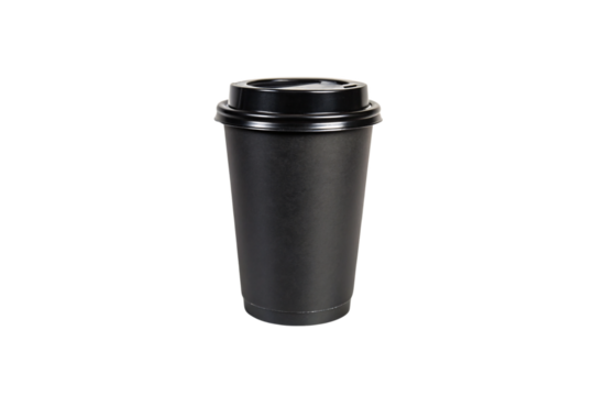 A matte black disposable coffee cup with a matching black lid. Sleek, modern design perfect for on-the-go drinks. Minimalist and professional appearance, isolated on a transparent background