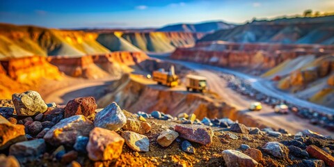 Open Pit Mine: Close-Up of Excavated Rock and Earth, Industrial Mining Process, Tilt-Shift Photography