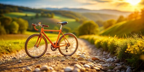 Naklejka premium Orange Gravel Bike Adventure: Tilt-Shift Photography of Cyclist on Scenic Trail