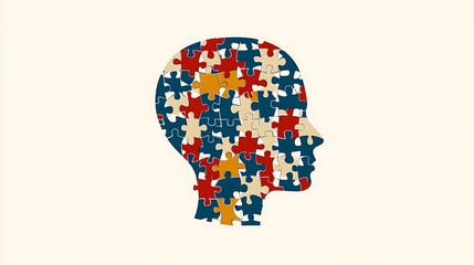 A human head profile, composed of many colorful puzzle pieces