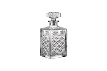 An empty cut-glass decanter with floral and lattice patterns. The faceted stopper and reflective surface give it a regal, ornamental appeal for fine liquor, isolated on a transparent background