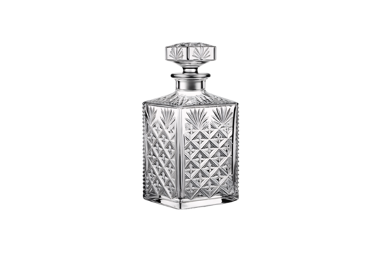 An empty cut-glass decanter with floral and lattice patterns. The faceted stopper and reflective surface give it a regal, ornamental appeal for fine liquor, isolated on a transparent background