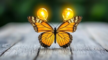Obraz premium Glowing Lightbulb Butterfly on Rustic Wood