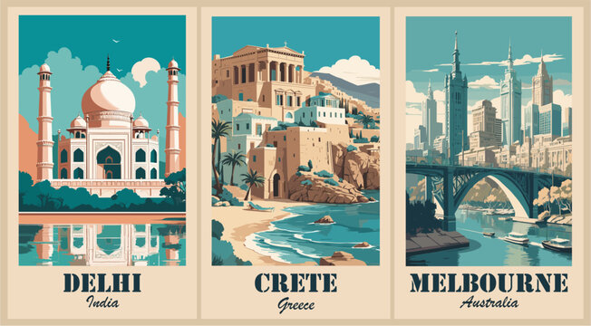 Set of Travel Destination Posters in retro style. Delhi, India, Crete, Greece, Melbourne, Australia landscape prints. Exotic summer vacation, holidays concept. Vintage vector colorful illustrations.